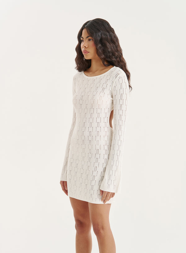 4th & Reckless White Knitted Open Back Crochet Mini Dress- Simone
