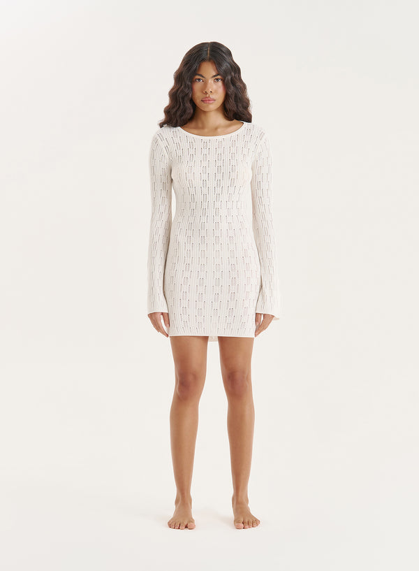 4th & reckless White Knitted Open Back Crochet Mini Dress- Simone