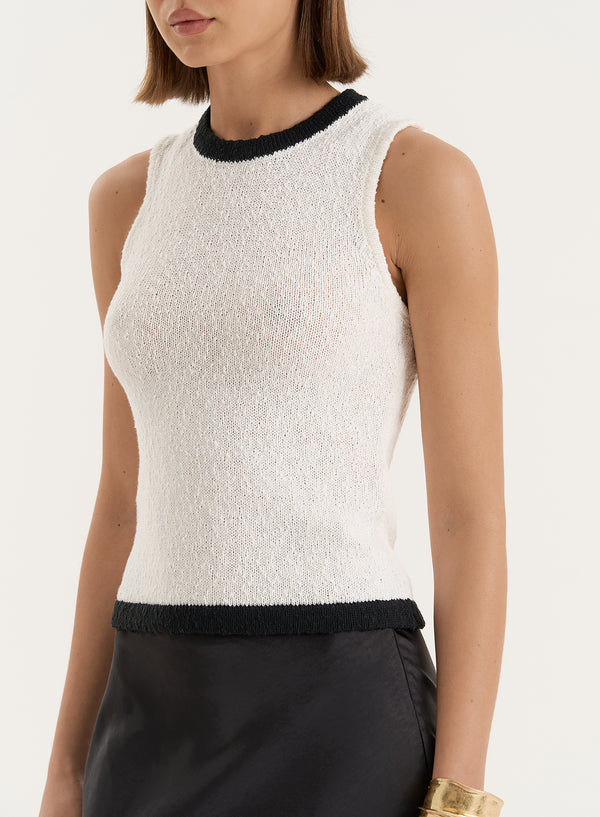 4th & Reckless White Knitted Sleeveless Contrast Trim Top- Josie