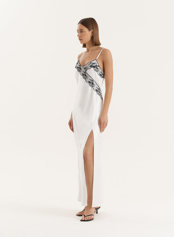 4th & Reckless White Lace Detail Satin Slip Maxi Dress- Merida