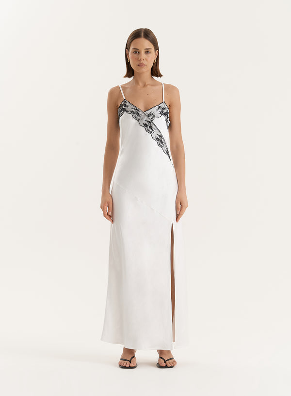4th & reckless White Lace Detail Satin Slip Maxi Dress- Merida