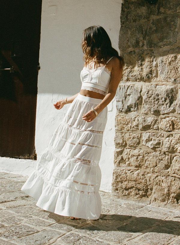 4th & Reckless White Lace Insert Tiered Maxi Skirt- Violeta