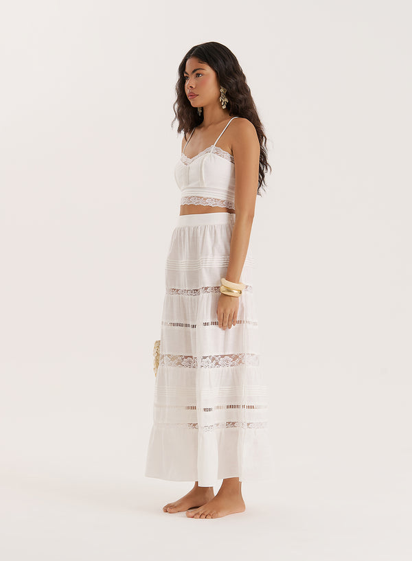 4th & Reckless White Lace Insert Tiered Maxi Skirt- Violeta