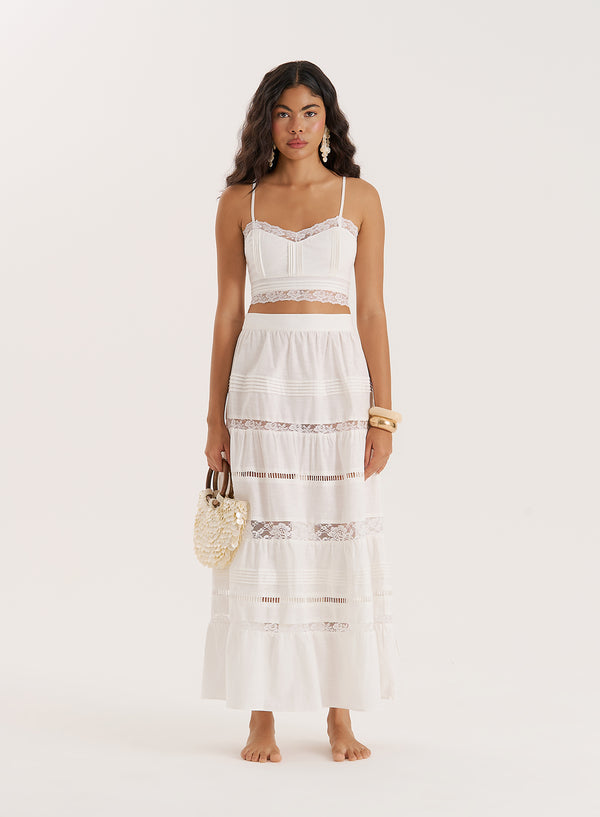 4th & reckless White Lace Insert Tiered Maxi Skirt- Violeta