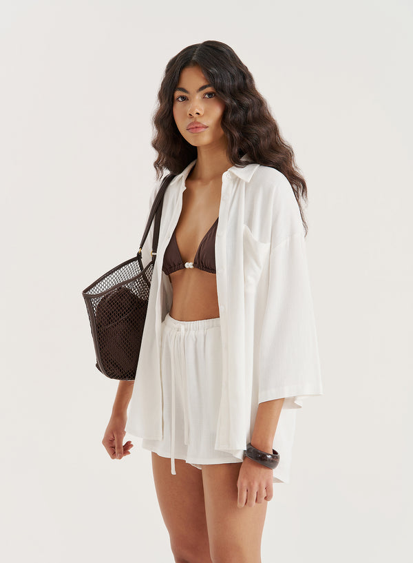 4th & Reckless White Linen Blend Short Sleeve Shirt- Camille