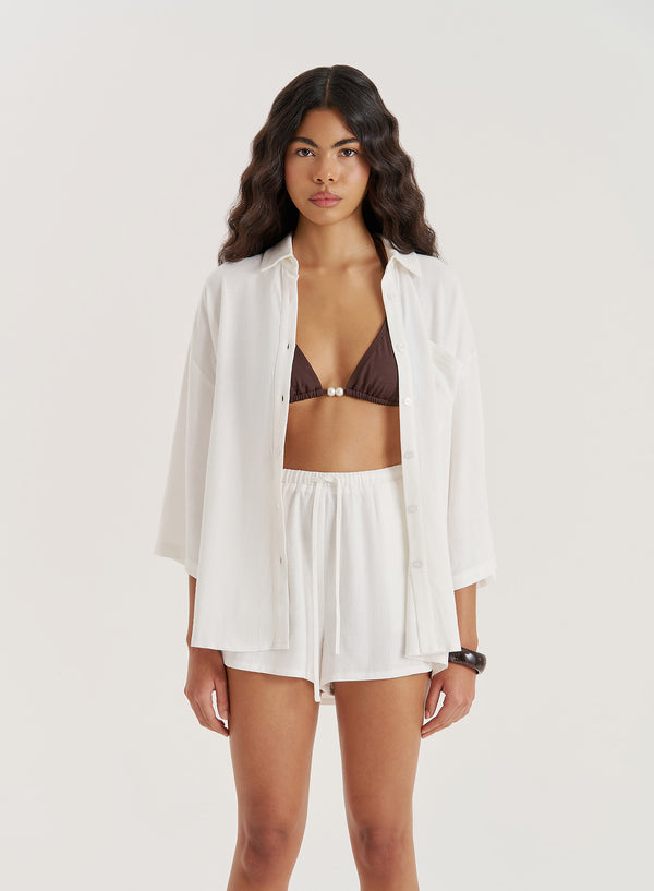 4th & reckless White Linen Blend Short Sleeve Shirt- Camille