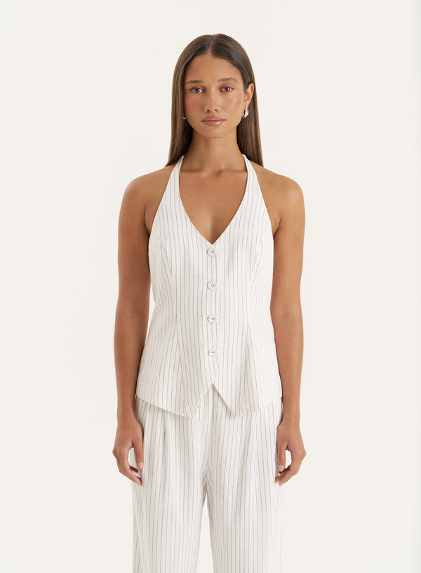 4th & reckless White Pinstripe Halter Neck Tailored Waistcoat- Sabrina