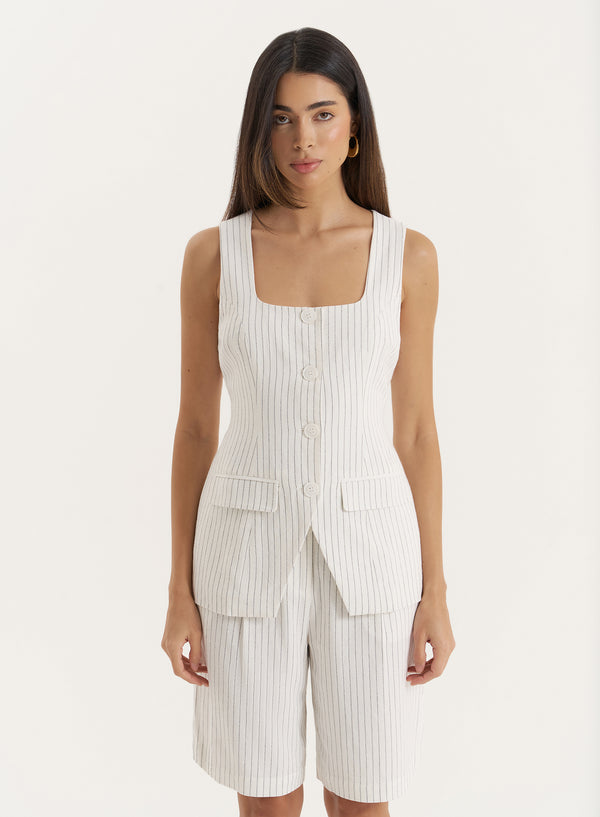 4th & reckless White Pinstripe Square Neck Waistcoat- Saira