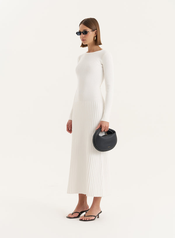 4th & Reckless White Rib Knit Tie Back Detail Maxi Dress- Adele