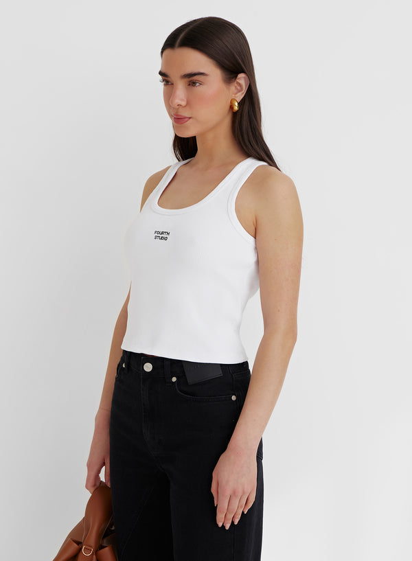 4th & Reckless White Ribbed Embroidered Slogan Vest Top- Seona