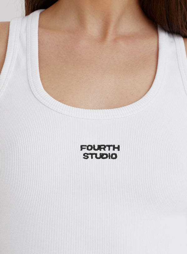 4th & Reckless White Ribbed Embroidered Slogan Vest Top- Seona