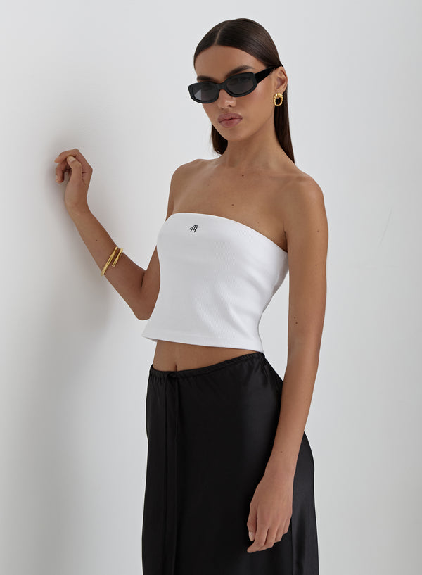 4th & reckless White Ribbed Fourth Logo Bandeau Top- Lana