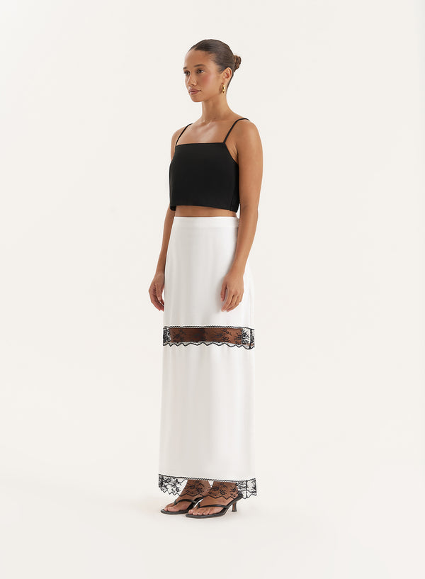 4th & Reckless White Satin Lace Detail Maxi Skirt- Jess