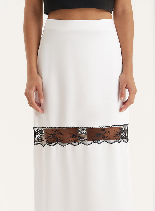 4th & Reckless White Satin Lace Detail Maxi Skirt- Jess