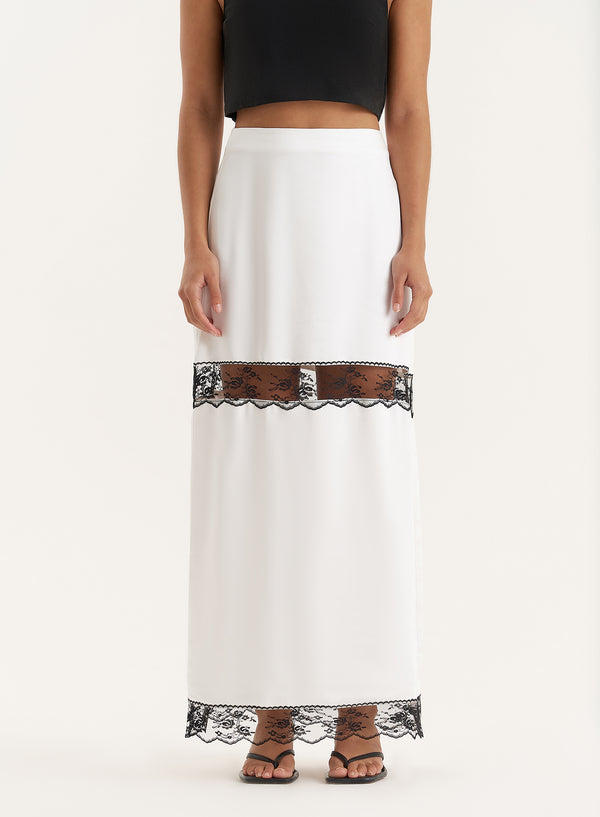 4th & Reckless White Satin Lace Detail Maxi Skirt- Jess