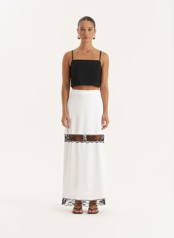 4th & reckless White Satin Lace Detail Maxi Skirt- Jess