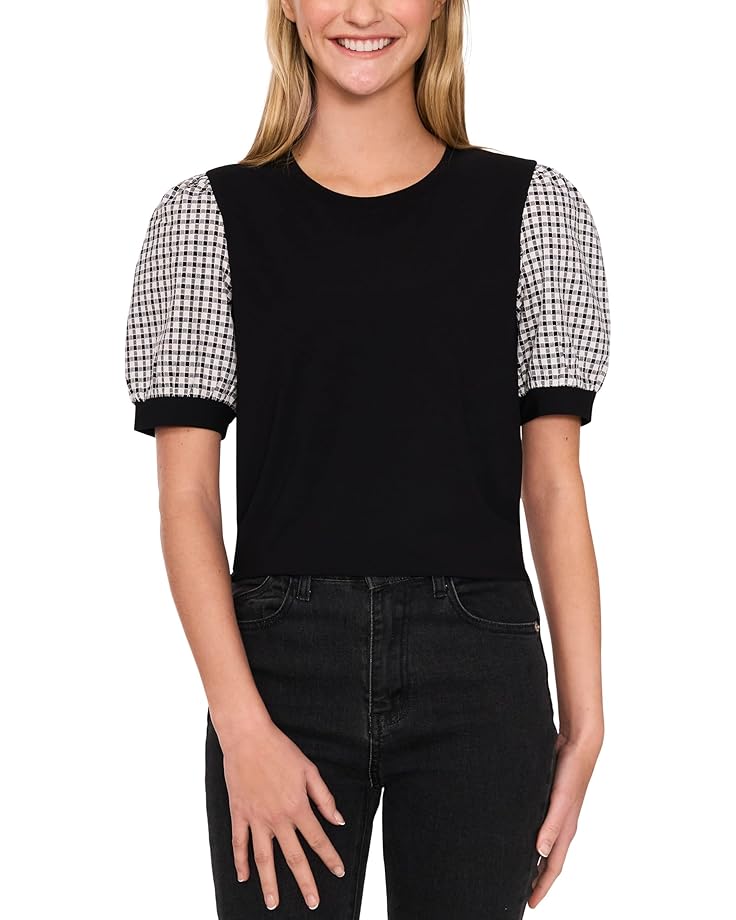 CeCe Puff Short Sleeves Mix Media Top Women's