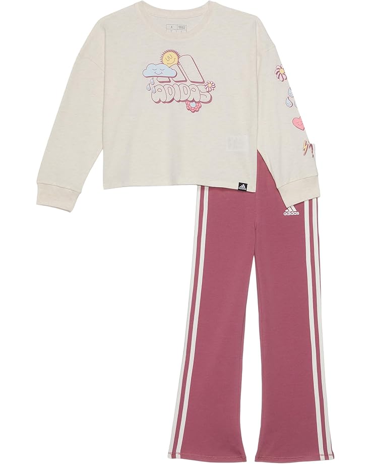 adidas Kids Long Sleeve Graphic Heather Tee Flare Pant Set (Toddler/Little Kid)