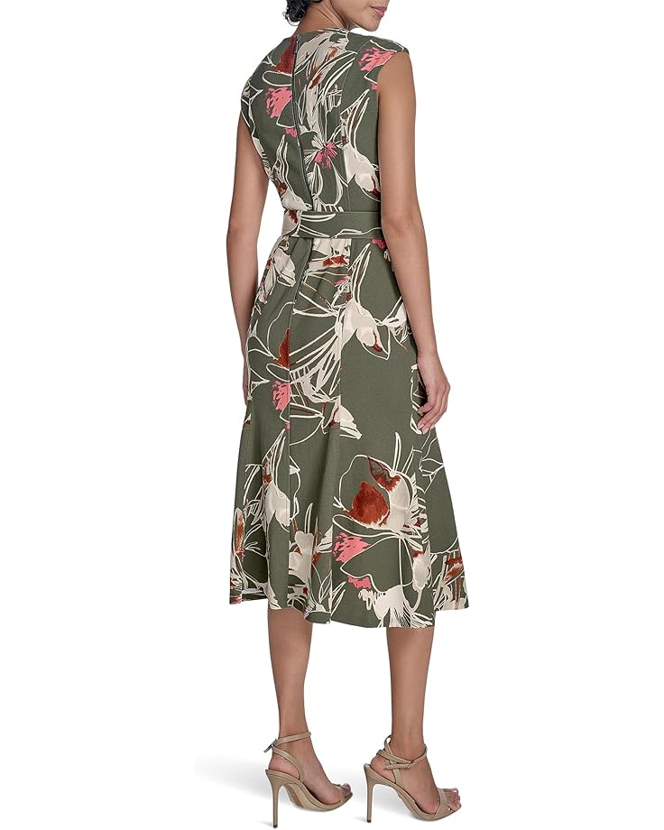 6pm Calvin Klein Printed Scuba Crepe Belted Midi Women's