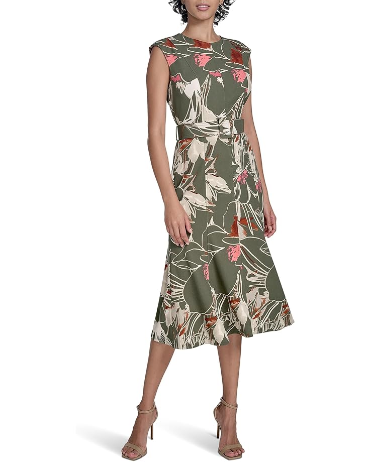 6pm Calvin Klein Printed Scuba Crepe Belted Midi Women's