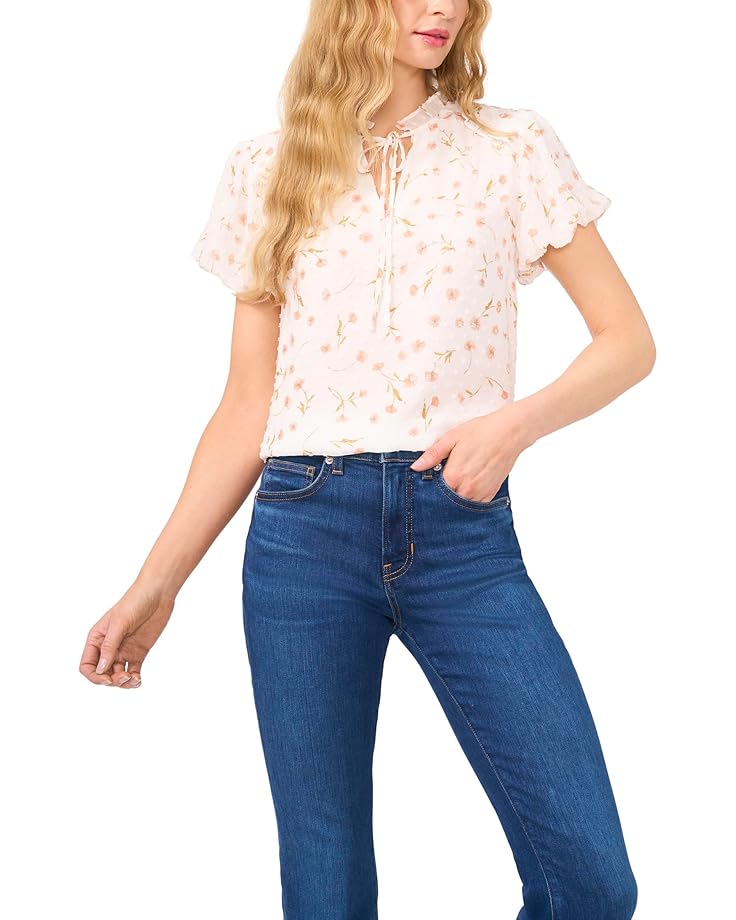CeCe Bubble Sleeve Split Neck Blouse With Tie Women's