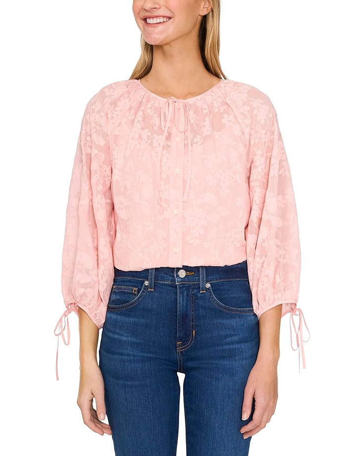 CeCe Button Up Top W/ Puff Sleeves & Front Tie Women's