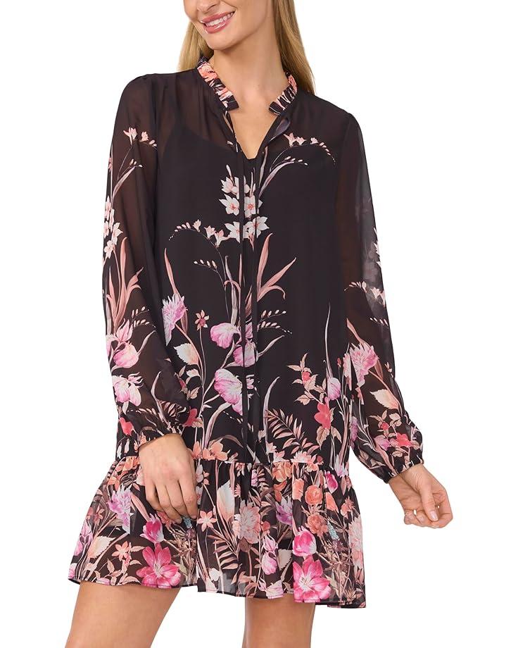 CeCe Long Sleeve Printed Dress With Tie Front Women's Rich Black