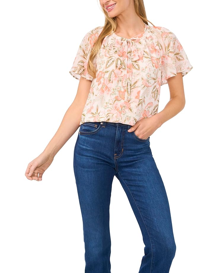 CeCe Raglan Flutter Sleeve Pleated Bow Blouse Women's