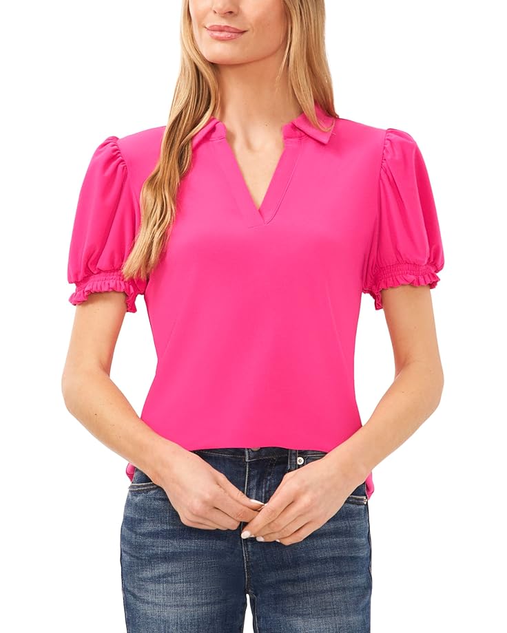 CeCe Short Sleeves Split Neck Collared Top Women's