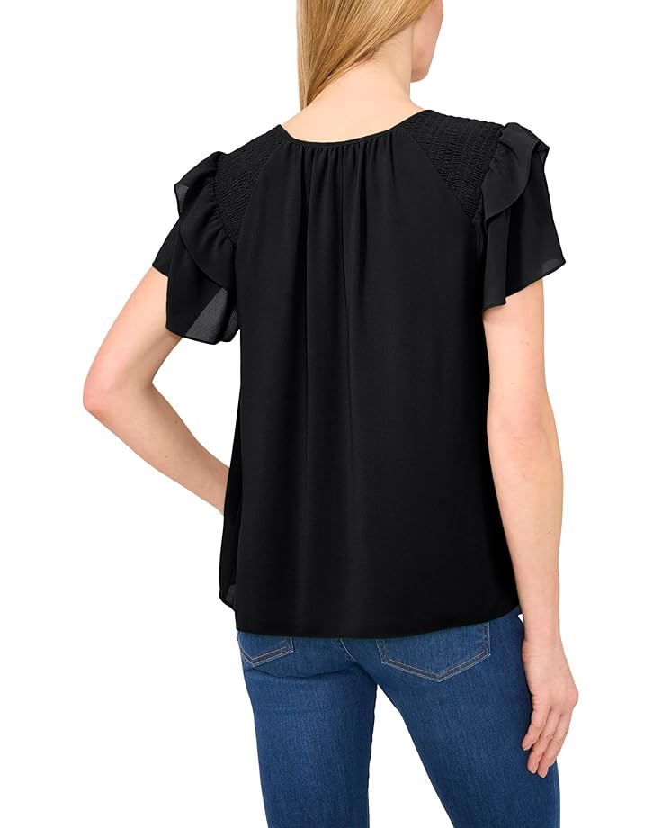 6pm CeCe Shoulder Smocking Ruffle Sleeve Tie Top Women's