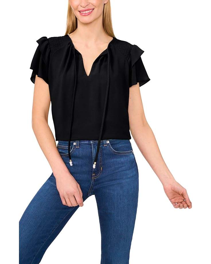 6pm CeCe Shoulder Smocking Ruffle Sleeve Tie Top Women's