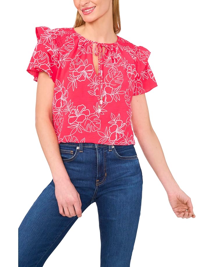 6pm CeCe Shoulder Smocking Ruffle Sleeve Tie Top Women's