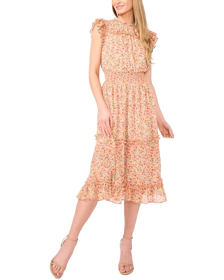 CeCe Smocked Waist Ruffle Tiered Midi Dress Women's