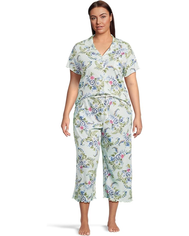 6pm Karen Neuburger Plus Size Paisley Dreams Short Sleeve Notch Top And Capri Set With Lettuce Edges Women's