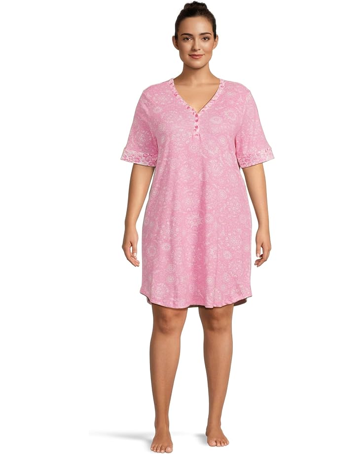 6pm Karen Neuburger Plus Size Tuscan Sun Elbow Sleeve Henley Sleepshirt With Twin Print Women's