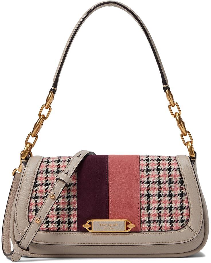 6pm Kate Spade New York Gramercy Racing Stripe Plaid Twill Fabric Small Flap Shoulder