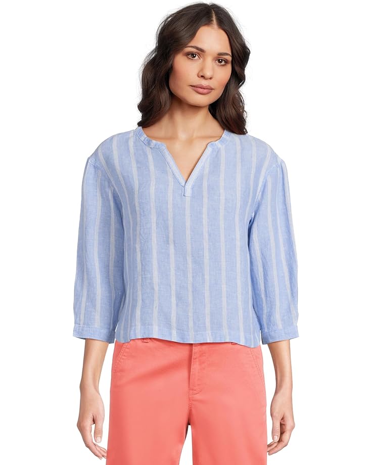 L.L.Bean Premium Washable Linen Shirt Split-Neck Stripe Women's Arctic Blue Stripe