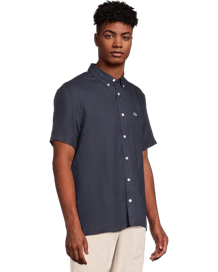 6pm Lacoste Short Sleeve Regular Fit Linen Casual Button-Down Shirt With Front Pocket Men's