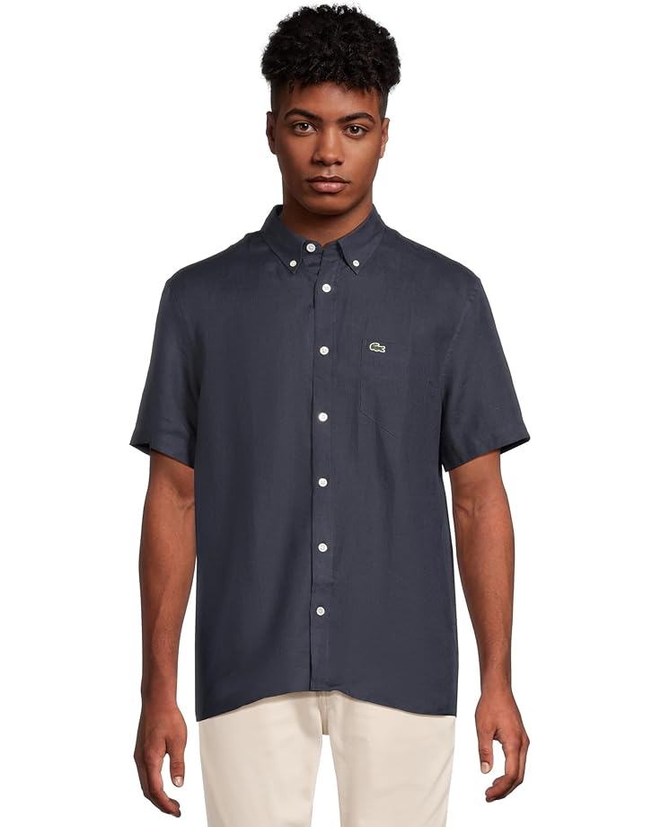6pm Lacoste Short Sleeve Regular Fit Linen Casual Button-Down Shirt with Front Pocket Men's
