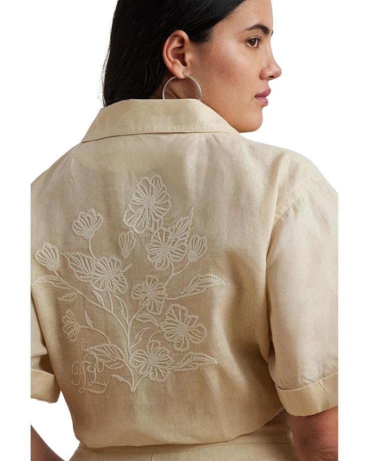 Lauren Ralph Lauren Plus Size Embroidered Linen Short Sleeve Jumpsuits Women's