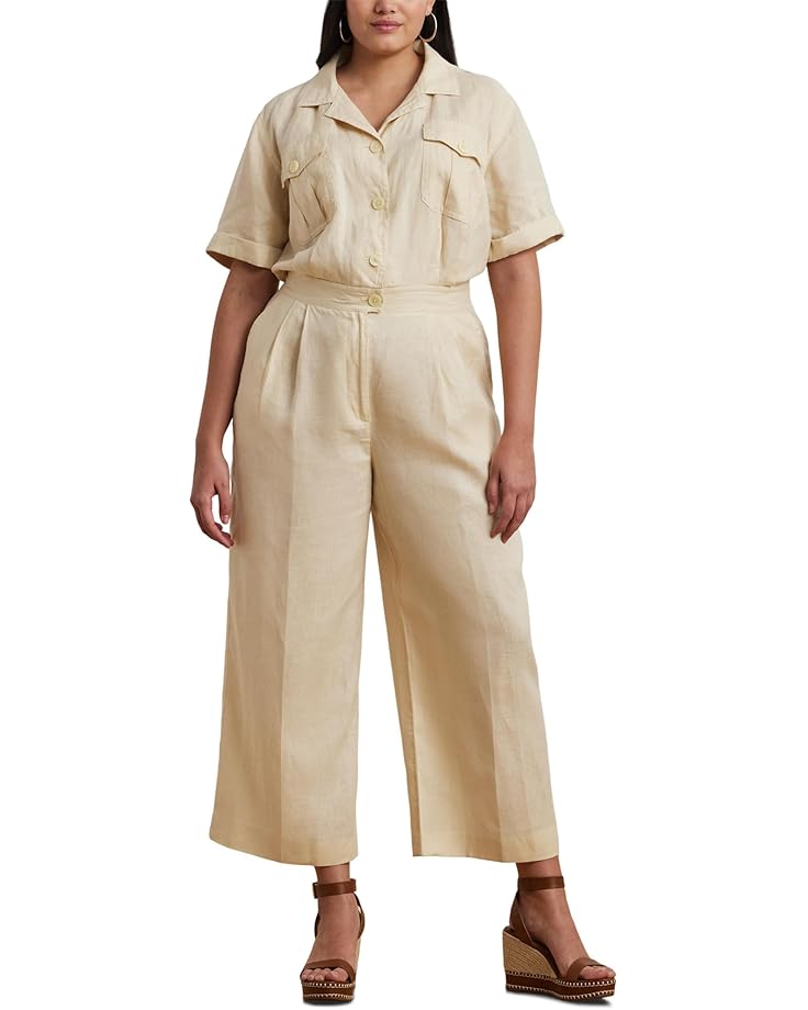Lauren Ralph Lauren Plus Size Embroidered Linen Short Sleeve Jumpsuits Women's