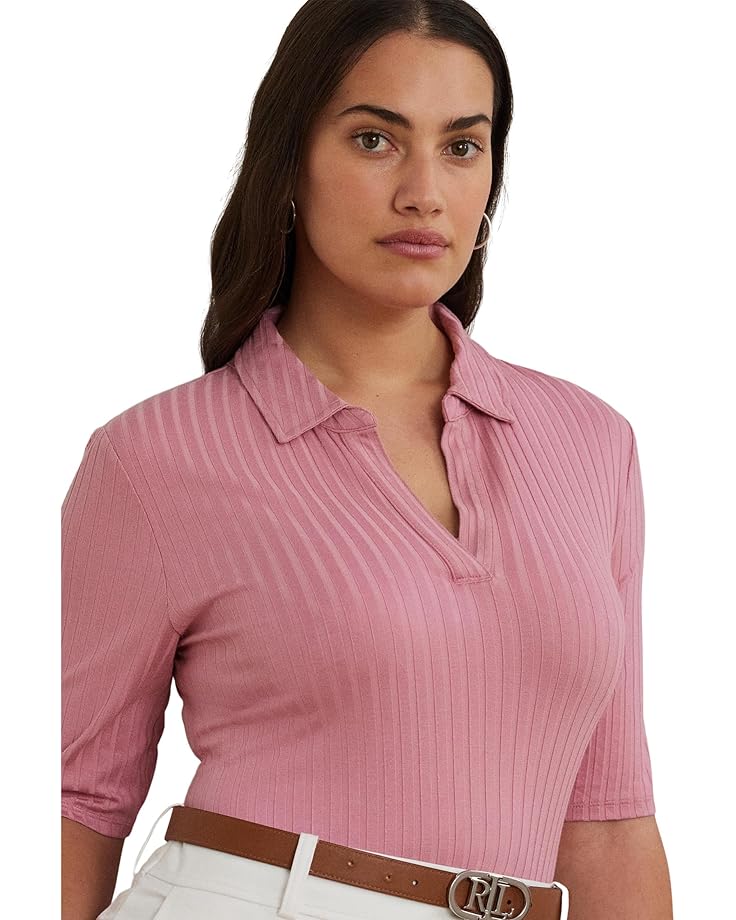 Lauren Ralph Lauren Plus Size Rib-Knit Elbow-Sleeve Polo Tee Women's