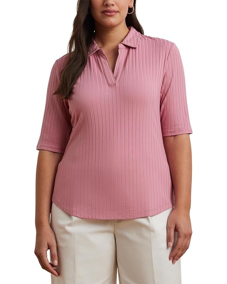 Lauren Ralph Lauren Plus Size Rib-Knit Elbow-Sleeve Polo Tee Women's