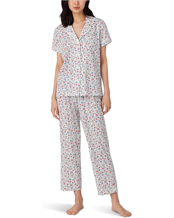 6pm Lauren Ralph Lauren Short Sleeve Notch Collar Cropped Pant PJ Set Women's