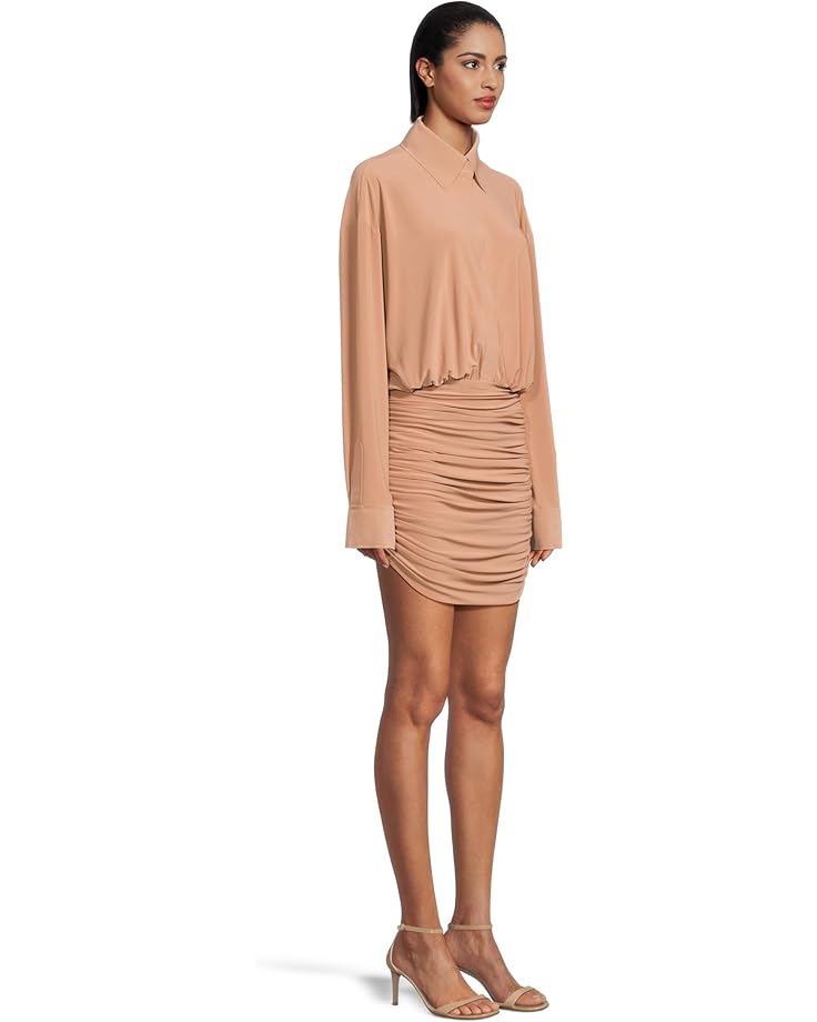 Norma Kamali Oversized Boyfriend NK Shirt Shirred Bottom Mini Dress Women's Cappuccino