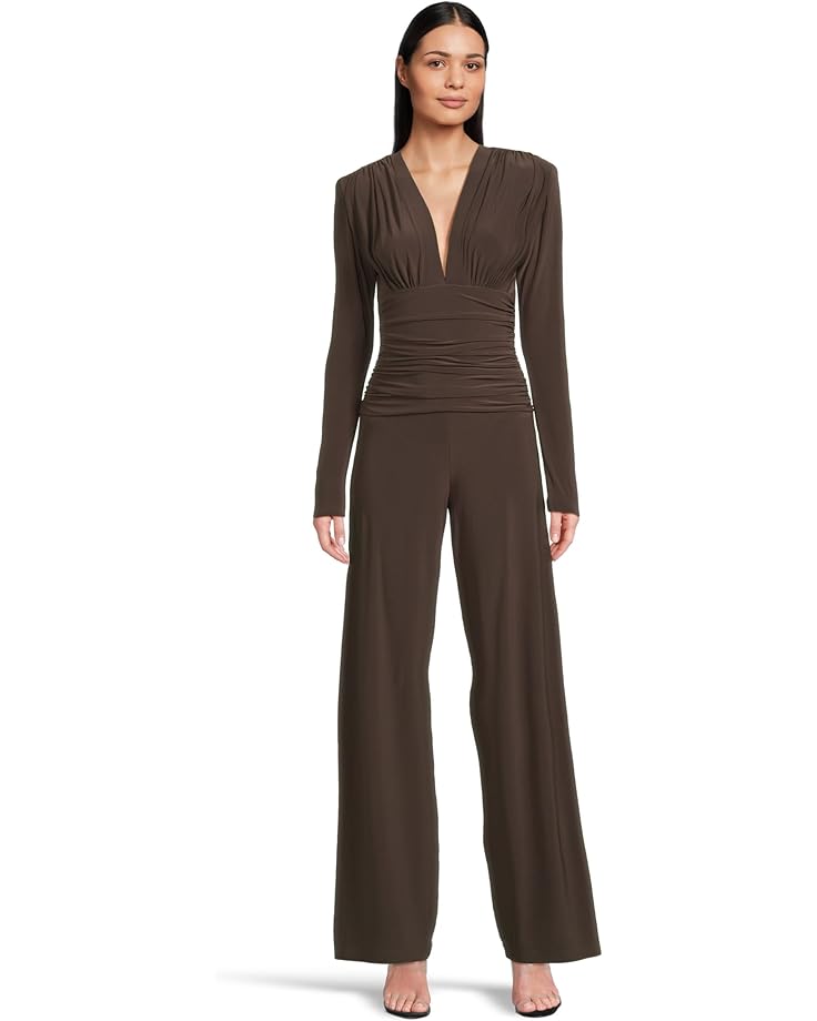 6pm Norma Kamali V Neck Long Sleeve Shirred Waist Jumpsuit W/ Shoulder Pads Women's
