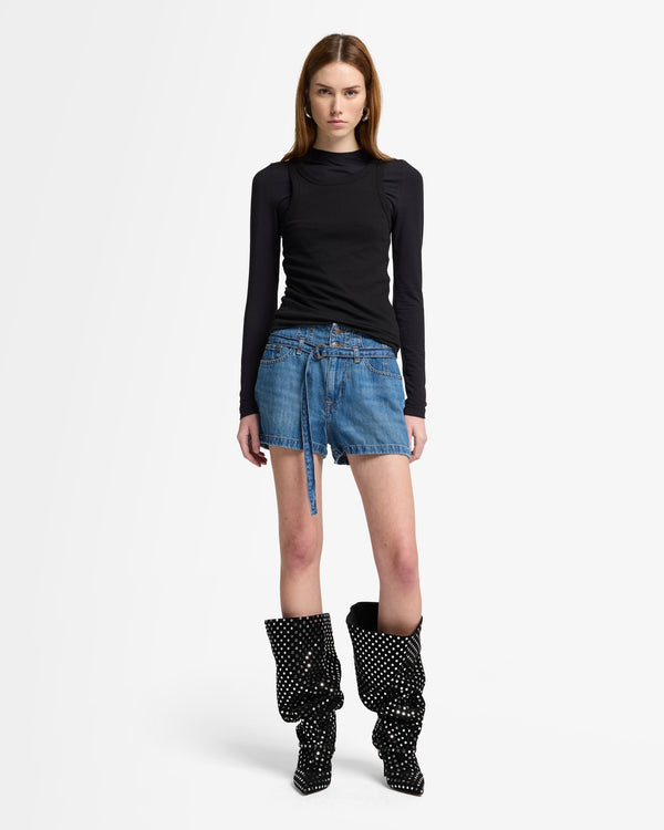 7 For All Mankind Indigo Linen Belted Short Shorts