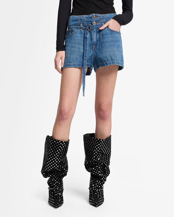 7 For All Mankind Indigo Linen Belted Short Shorts