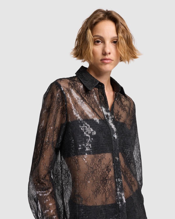 7 For All Mankind Sheer Sequinned Lace Shirt Tops