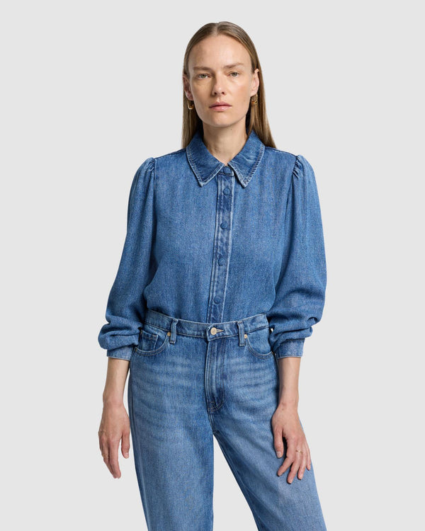 7 For All Mankind Denim Lustre Puff Sleeve Shirt Tops